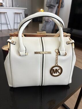 Michael Kors Cream Leather Satchel with Gold-Tone Hardware